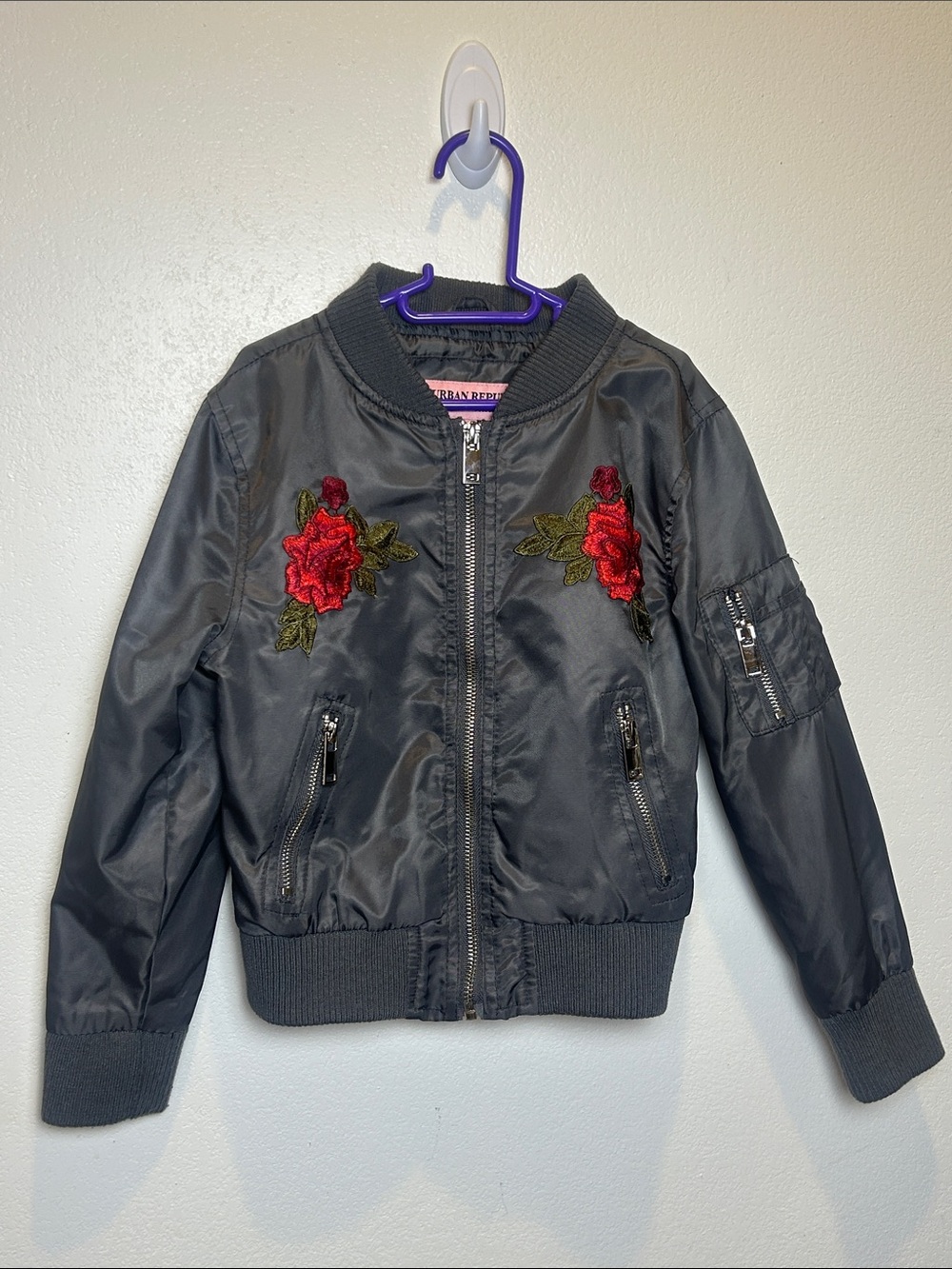 Urban Republic Girls 5/6 Rose Embroidered Satin Bomber Jacket